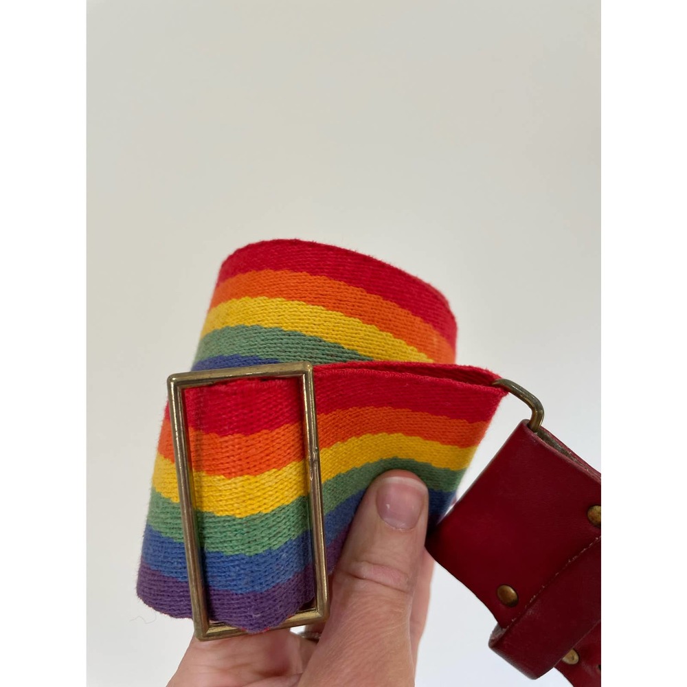 Vintage Pride Red Leather Belt Medium 35-38 Adjustable Rainbow Brass - Picture 9 of 11